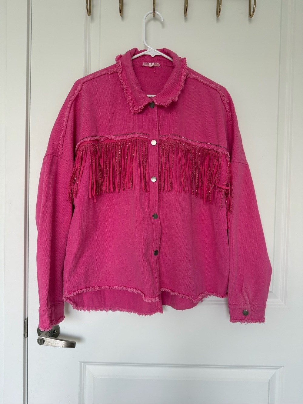 Pink Fringe Denim Jacket Cowgirl Barbie Halloween Costume Western Oversized Sz S
